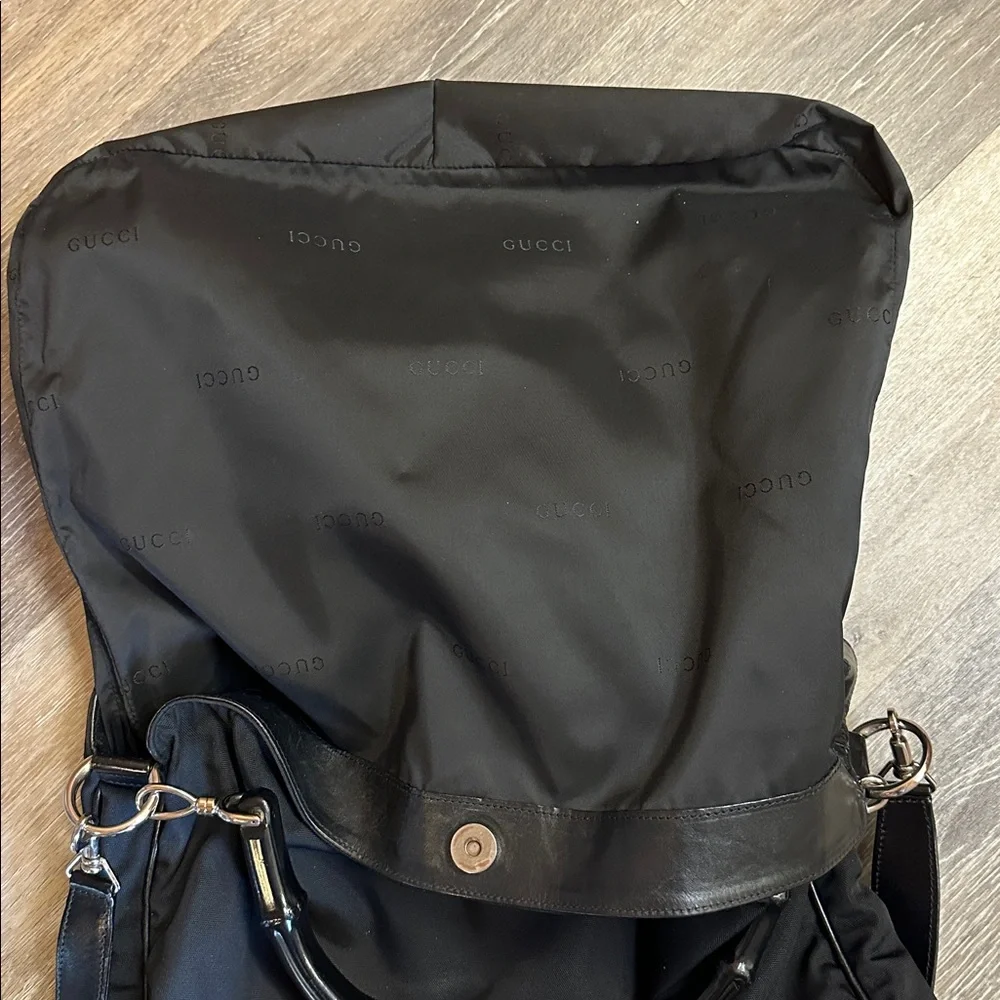 Gucci Black Nylon Bamboo Handle Bag w Detachable Leather Shoulder Strap